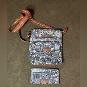 NWOT: Sakroots Blue Floral Boho Crossbody Bag + Matching Wallet Set